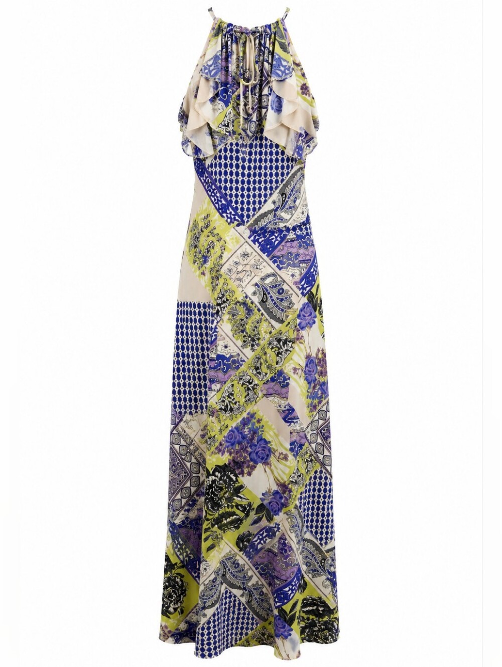 Julian Chang Patchwork Print Halter Maxi Dress Purple Chartreuse Size Small - Picture 4 of 15